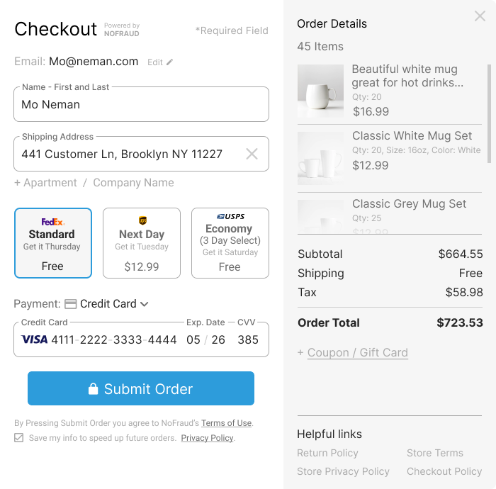 Main checkout screen with clean design and cart items visible